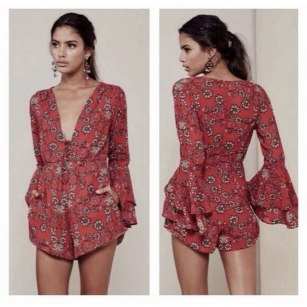 For Love & Lemons Women's XS Boho Red Floral‎ Pia romper  Chiffon Bell Sleeves